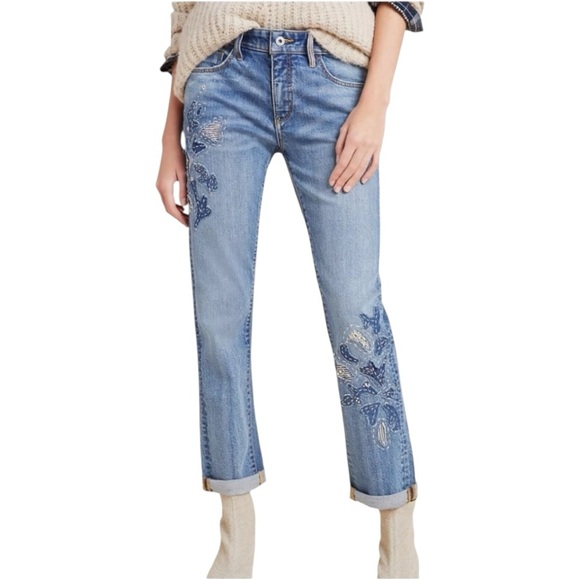 Pilcro Anthropologie Slim Boyfriend Jeans Size 32 Blue Embroidered Patchwork - Picture 1 of 14